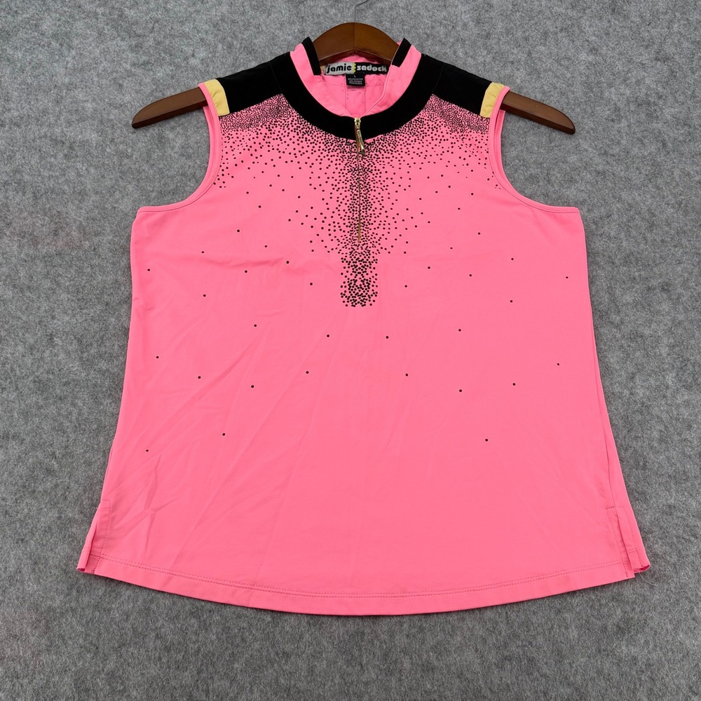 Jamie Sadock Pink Sleeveless Golf Top Quarter Zip Dot Pattern Womens Large